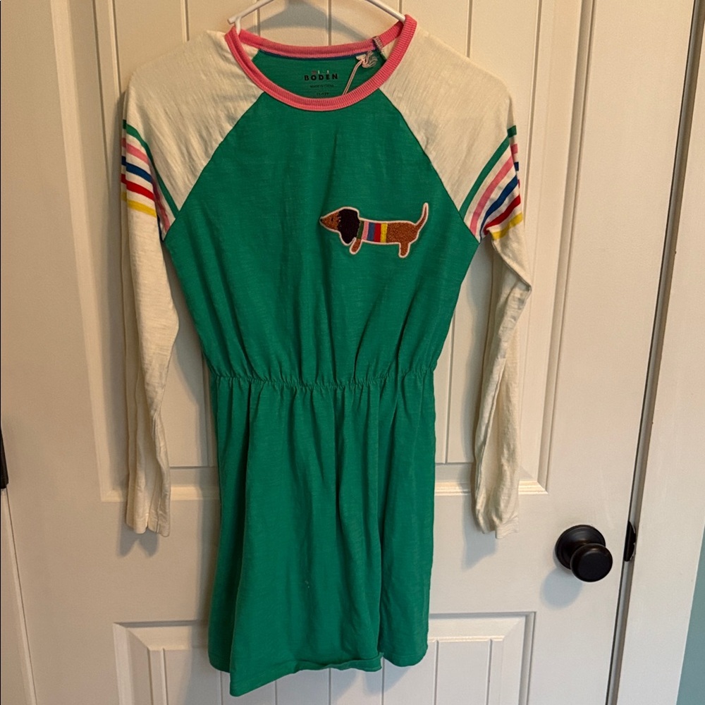 Mini Boden Green Dress with Adorable dachshund appliqué. Size 11/12Y.